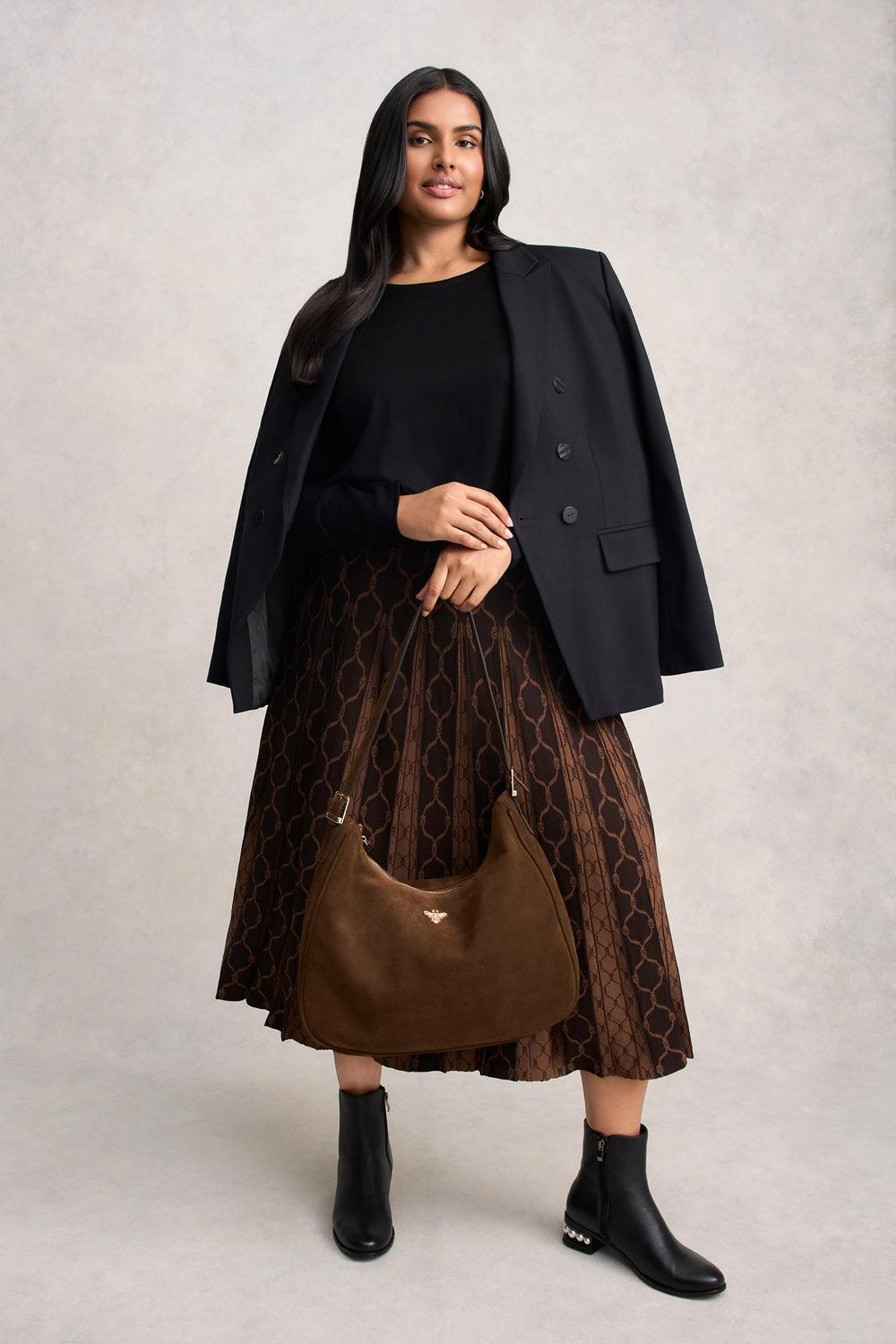 Pleated Knit Skirt - Chocolate & Camel