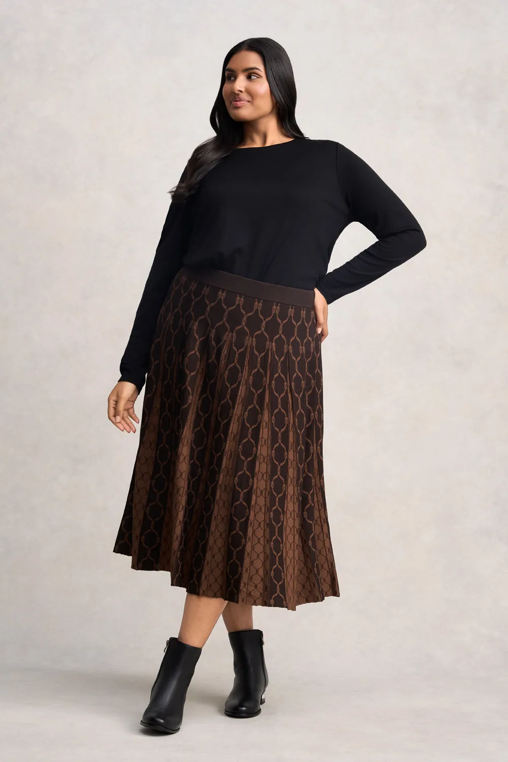 Pleated Knit Skirt - Chocolate & Camel