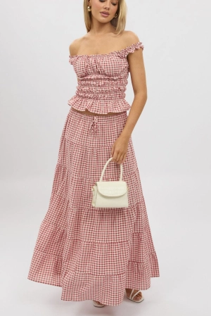 Red Check Maxi Skirt Tiered High Rise
