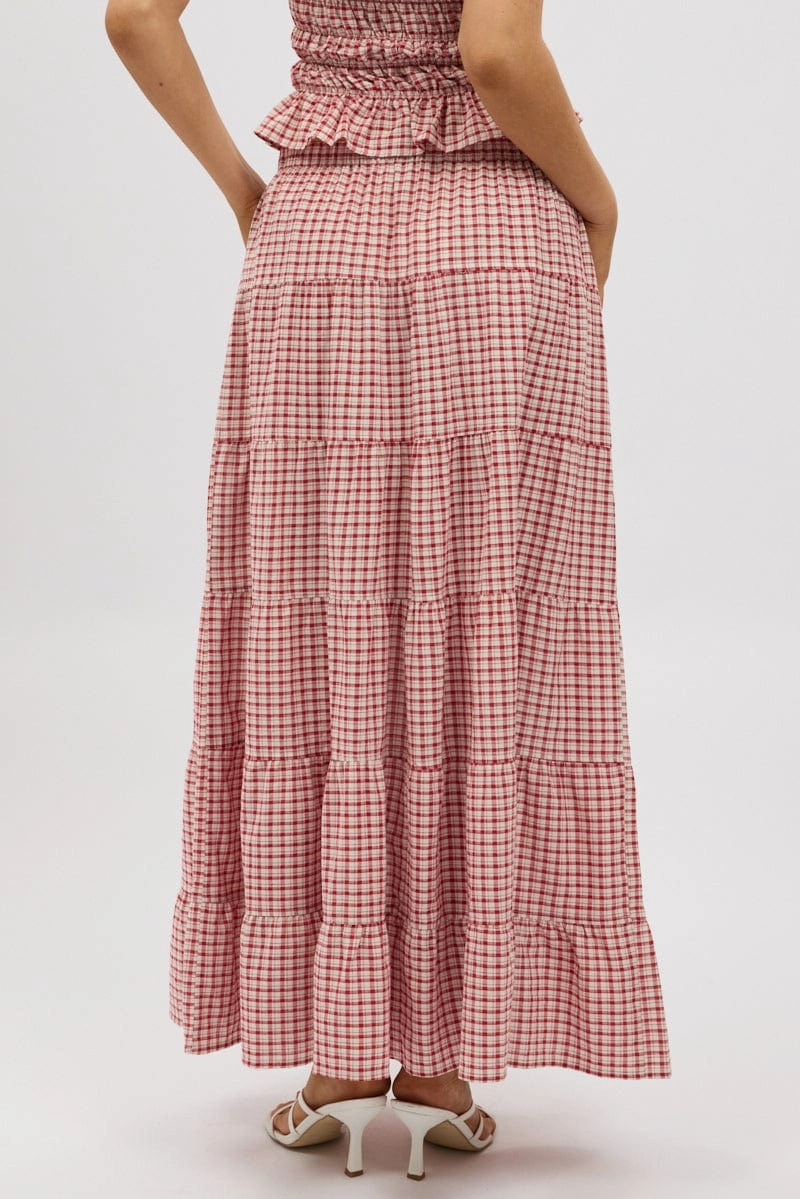 Red Check Maxi Skirt Tiered High Rise