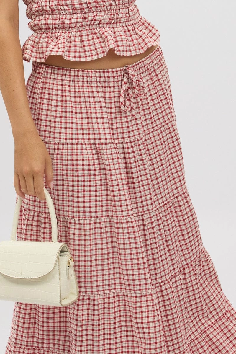 Red Check Maxi Skirt Tiered High Rise