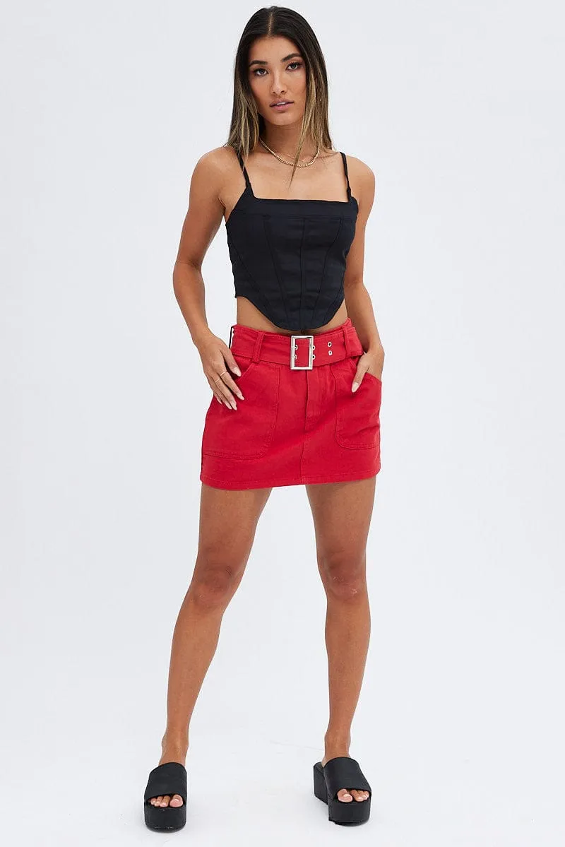 Red Mini Skirt Low Rise Belted Cotton Blend