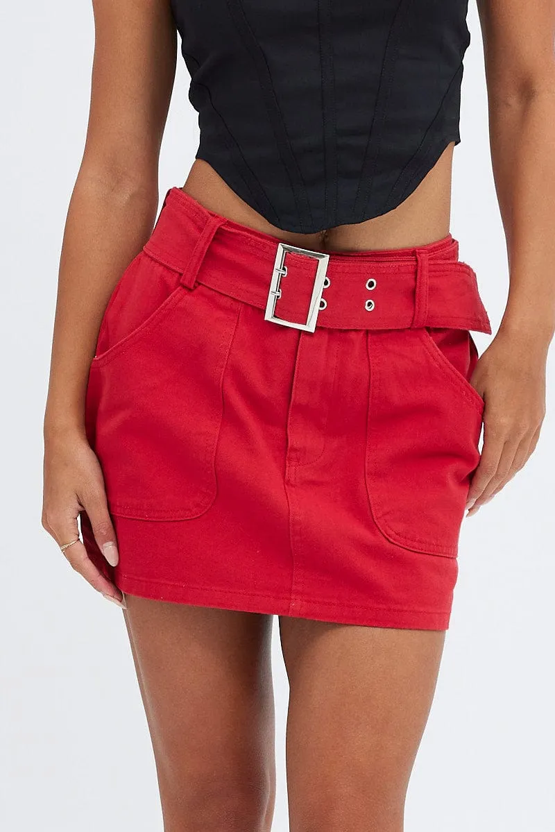 Red Mini Skirt Low Rise Belted Cotton Blend