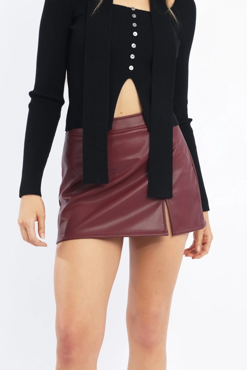Red PU Skort Skirt Mid Rise Mini Slight Stretch
