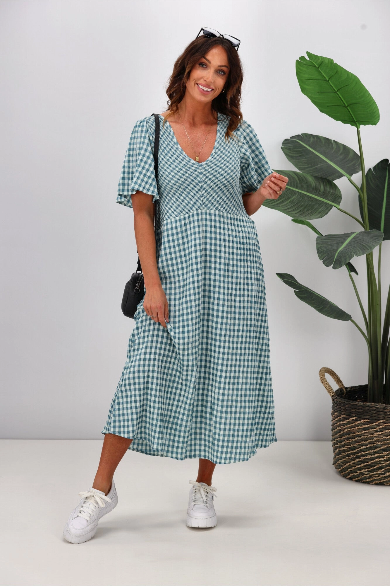 Shine On Label Sumaya Angle Shirred Midi Dress Teal Check
