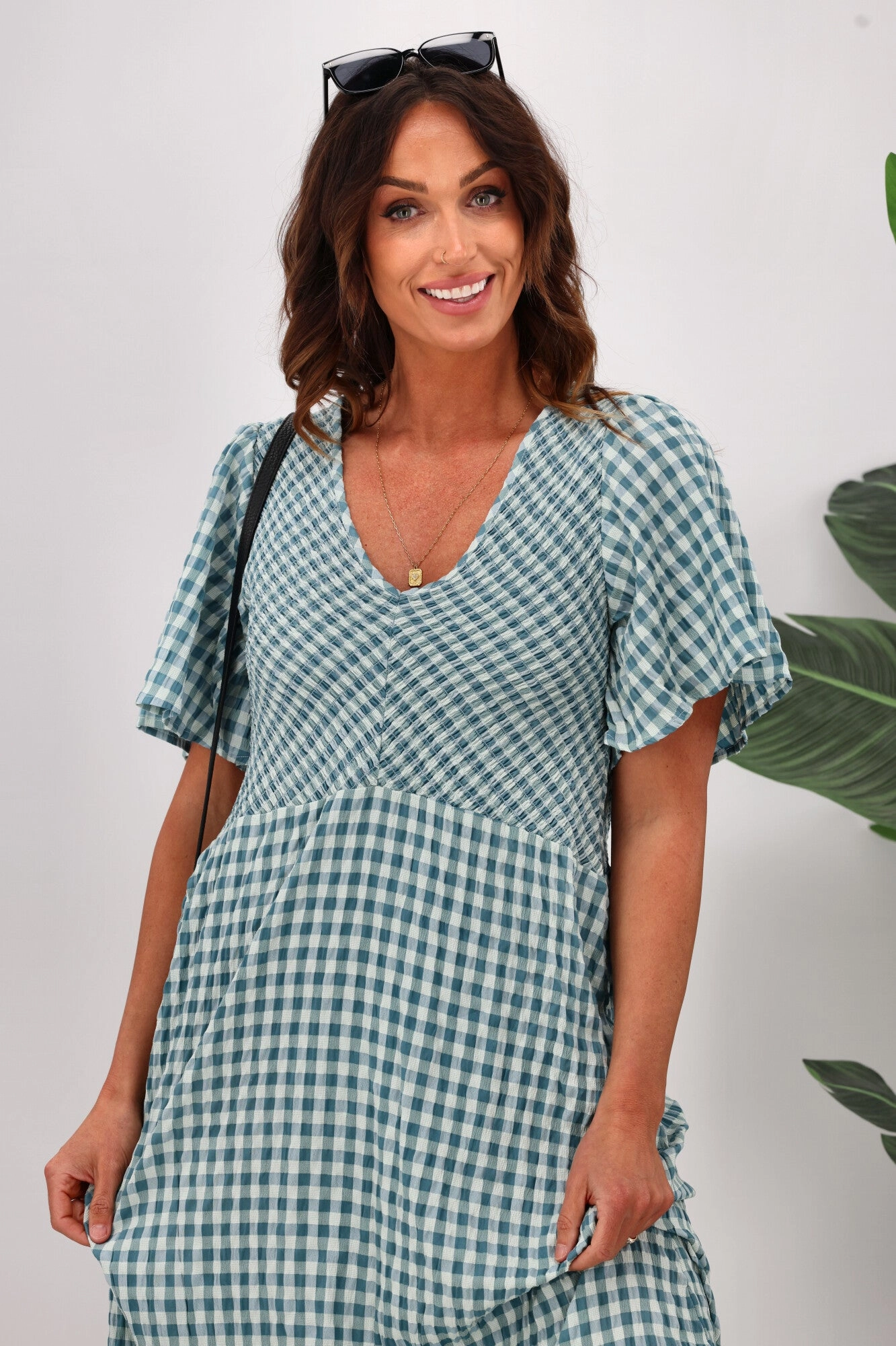 Shine On Label Sumaya Angle Shirred Midi Dress Teal Check