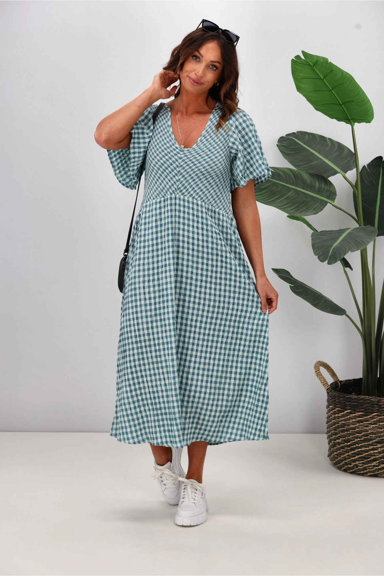 Shine On Label Sumaya Angle Shirred Midi Dress Teal Check