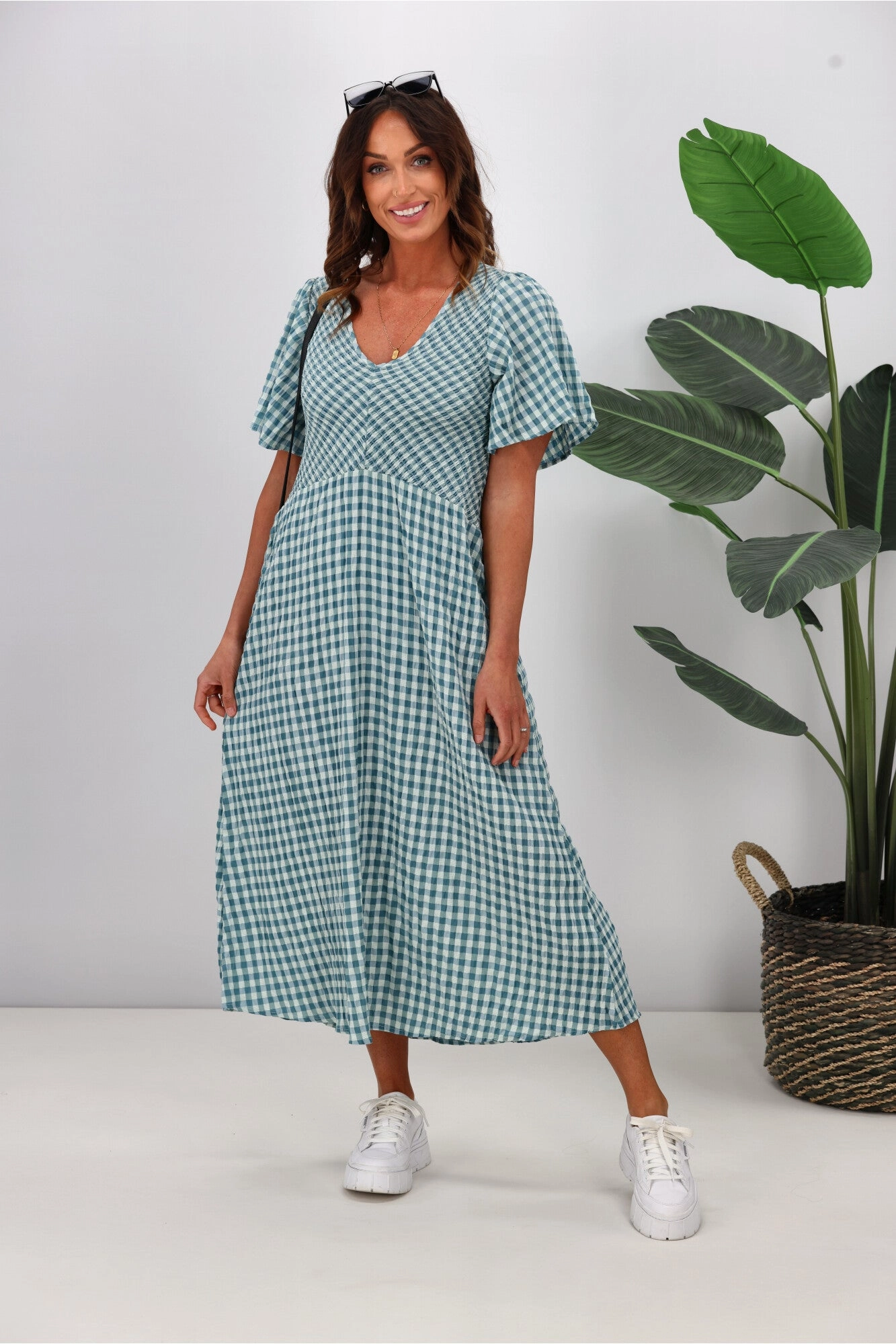Shine On Label Sumaya Angle Shirred Midi Dress Teal Check