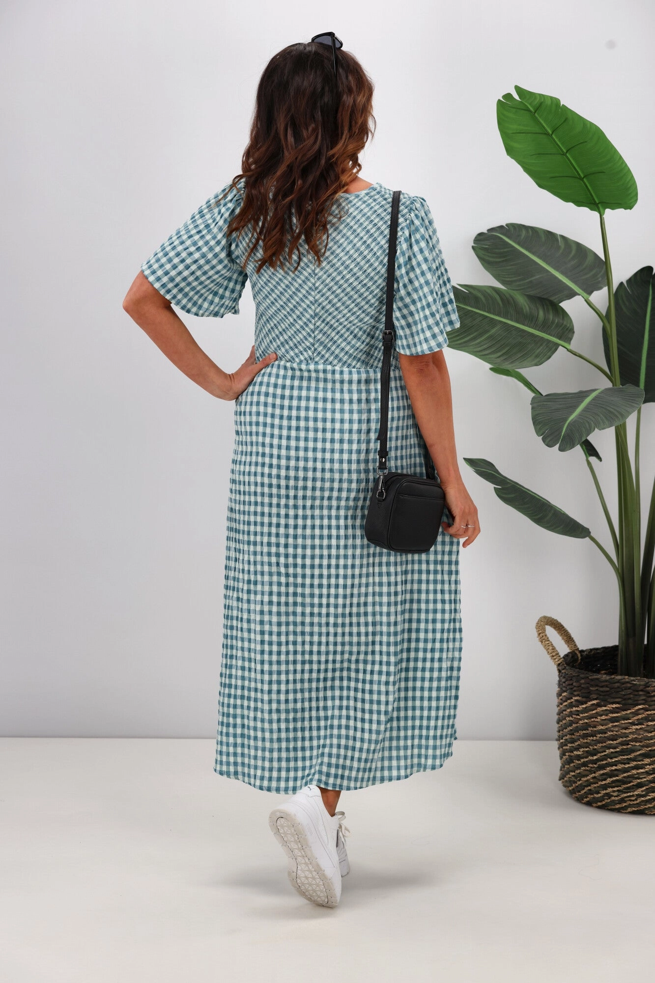 Shine On Label Sumaya Angle Shirred Midi Dress Teal Check