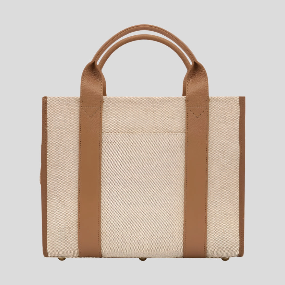 Small Bon Vivant Structured Tote Bag -- Jute Canvas Tan Leather