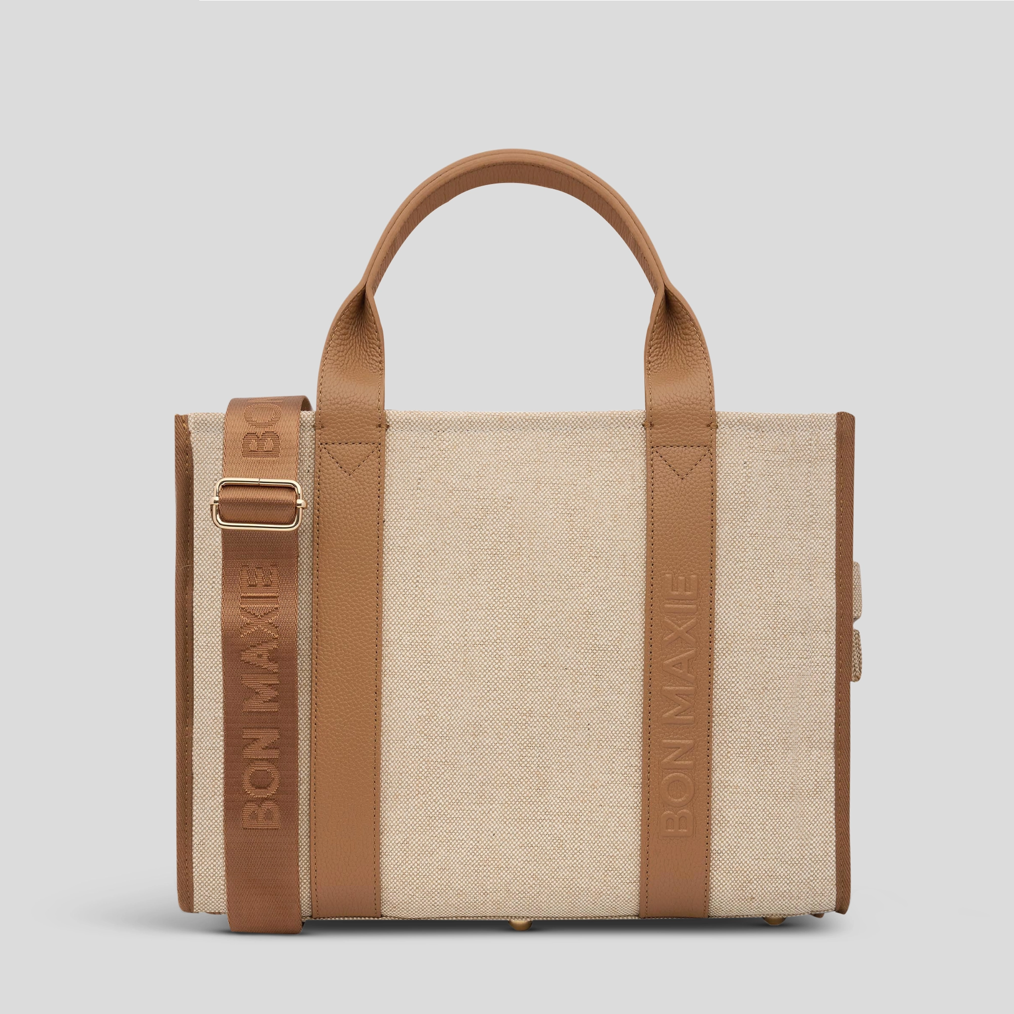 Small Bon Vivant Structured Tote Bag -- Jute Canvas Tan Leather