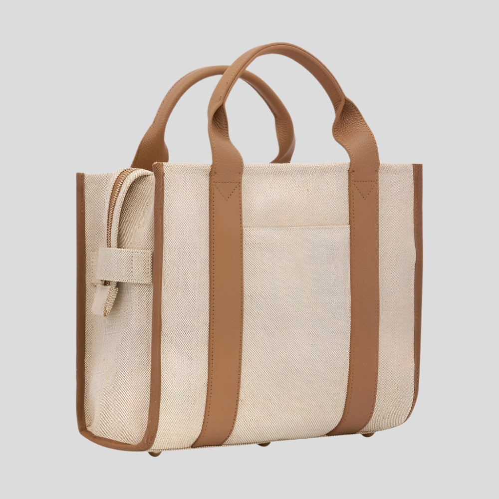 Small Bon Vivant Structured Tote Bag -- Jute Canvas Tan Leather
