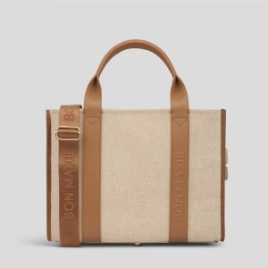 Small Bon Vivant Structured Tote Bag -- Jute Canvas Tan Leather