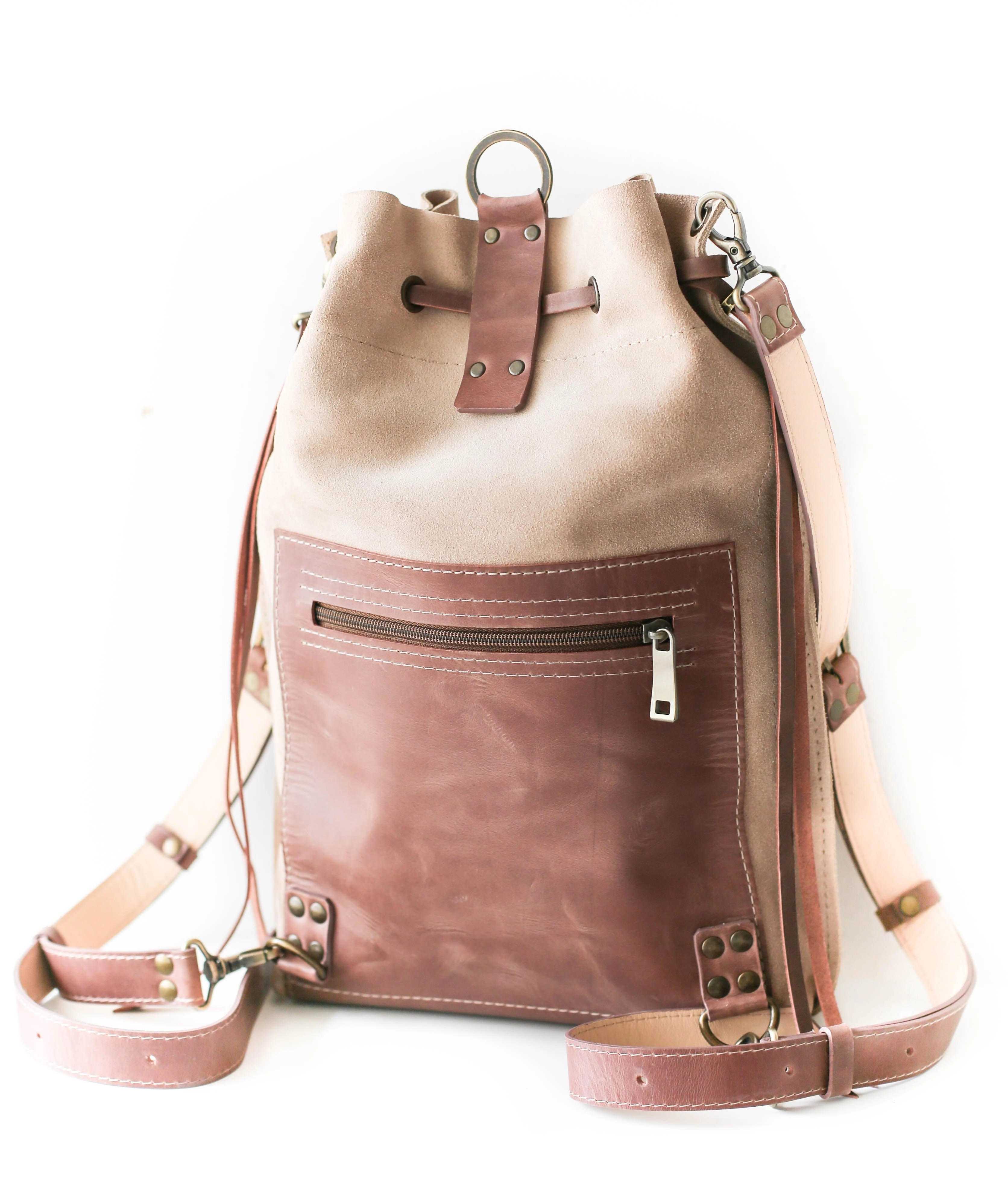 Taupe Leather Drawstring Backpack Purse