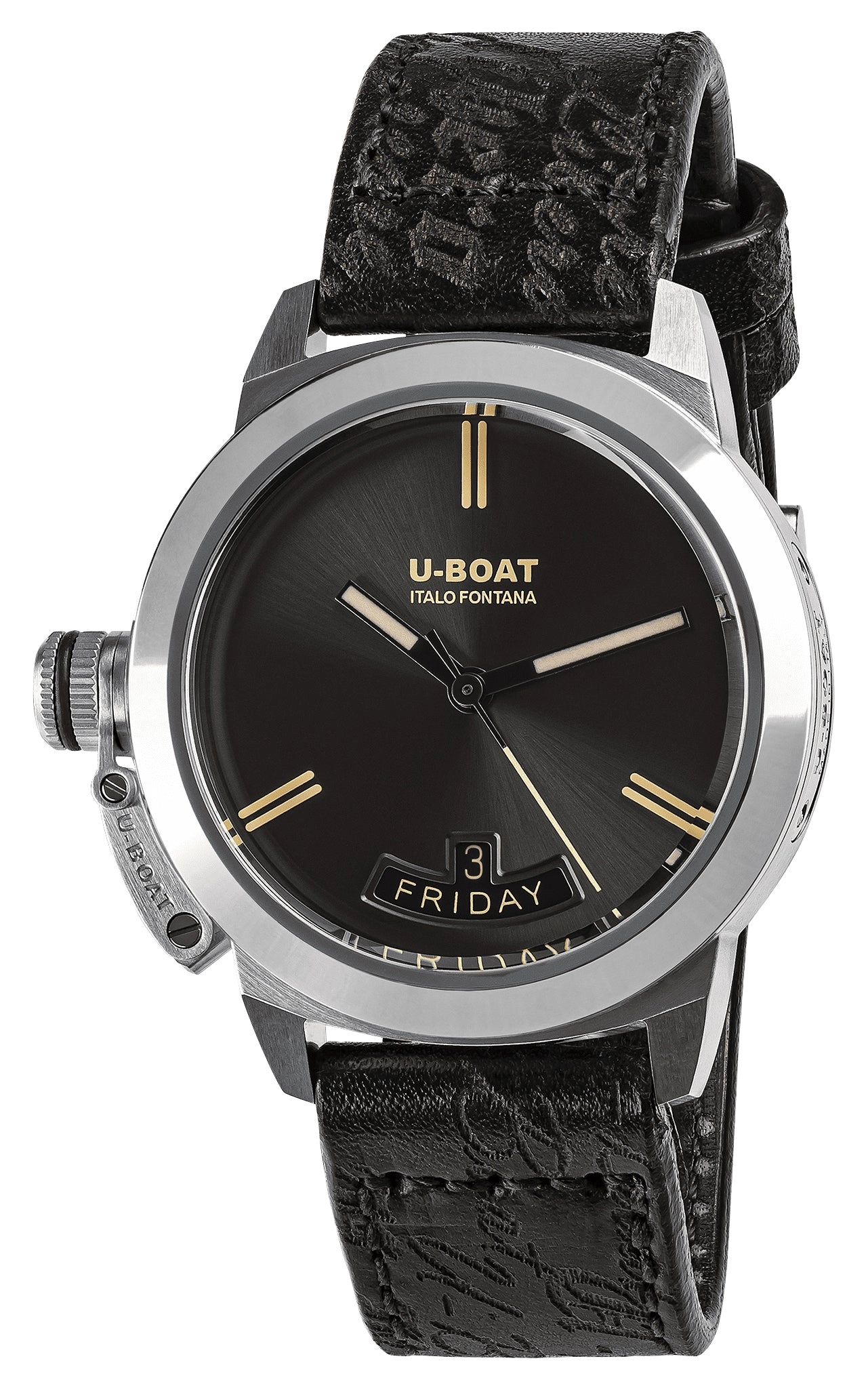 U-Boat Classico Vintage Automatic Stainless Steel Gray Dial Black Leather Strap Day/Date Mens Watch 8891