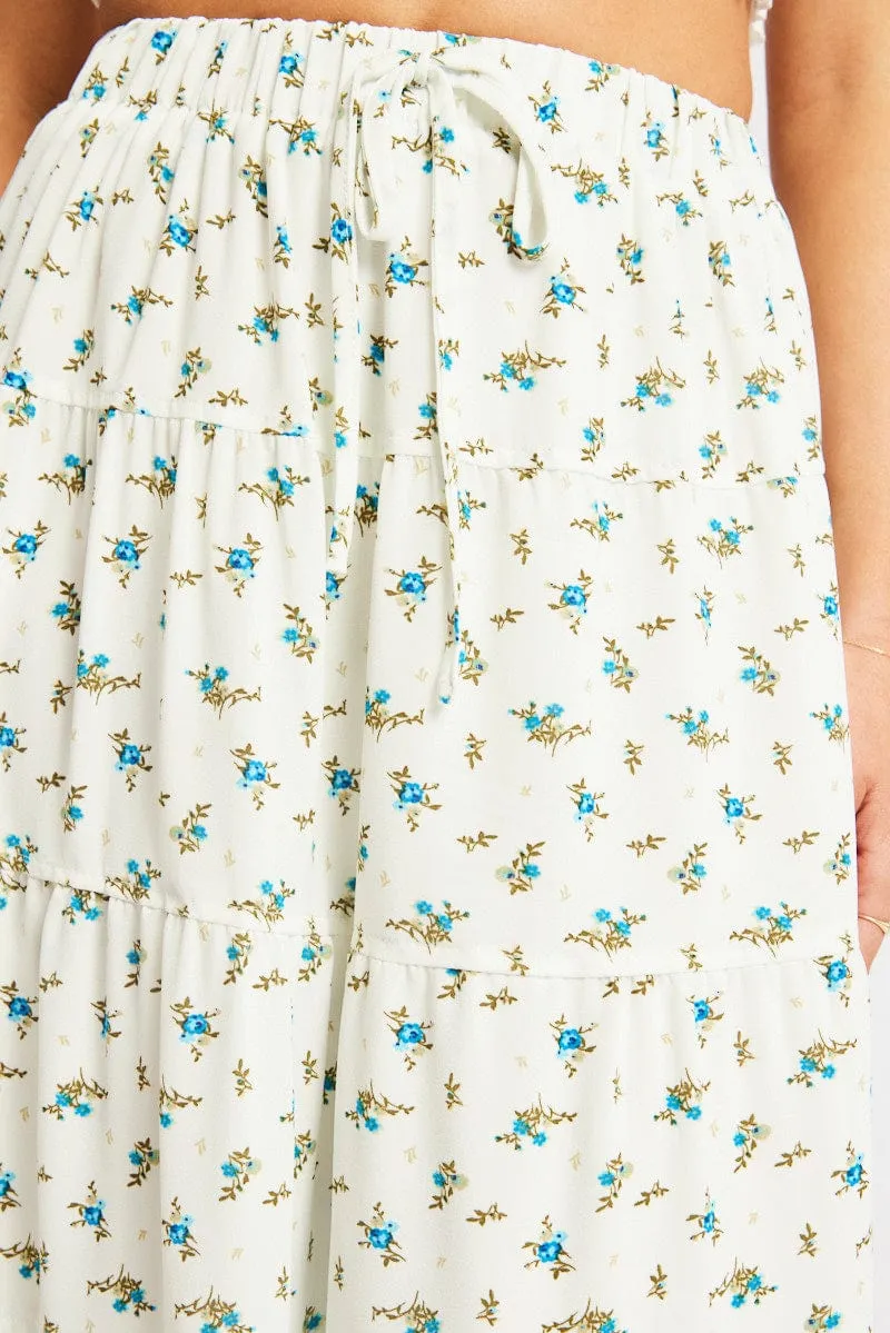 White Ditsy Maxi Skirt Tiered High Rise Lined