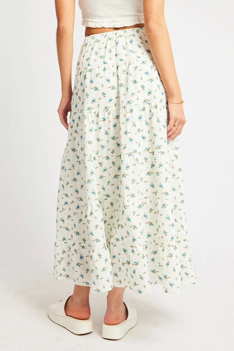 White Ditsy Maxi Skirt Tiered High Rise Lined