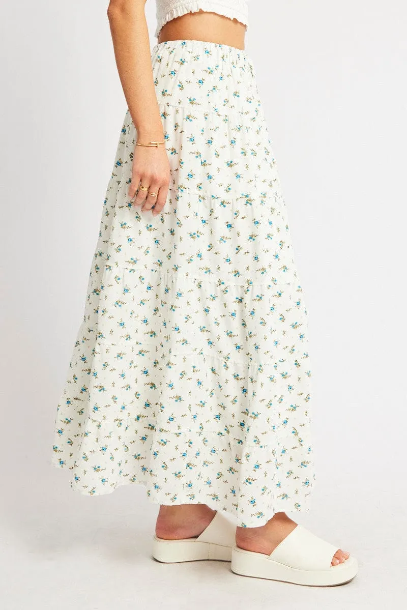 White Ditsy Maxi Skirt Tiered High Rise Lined