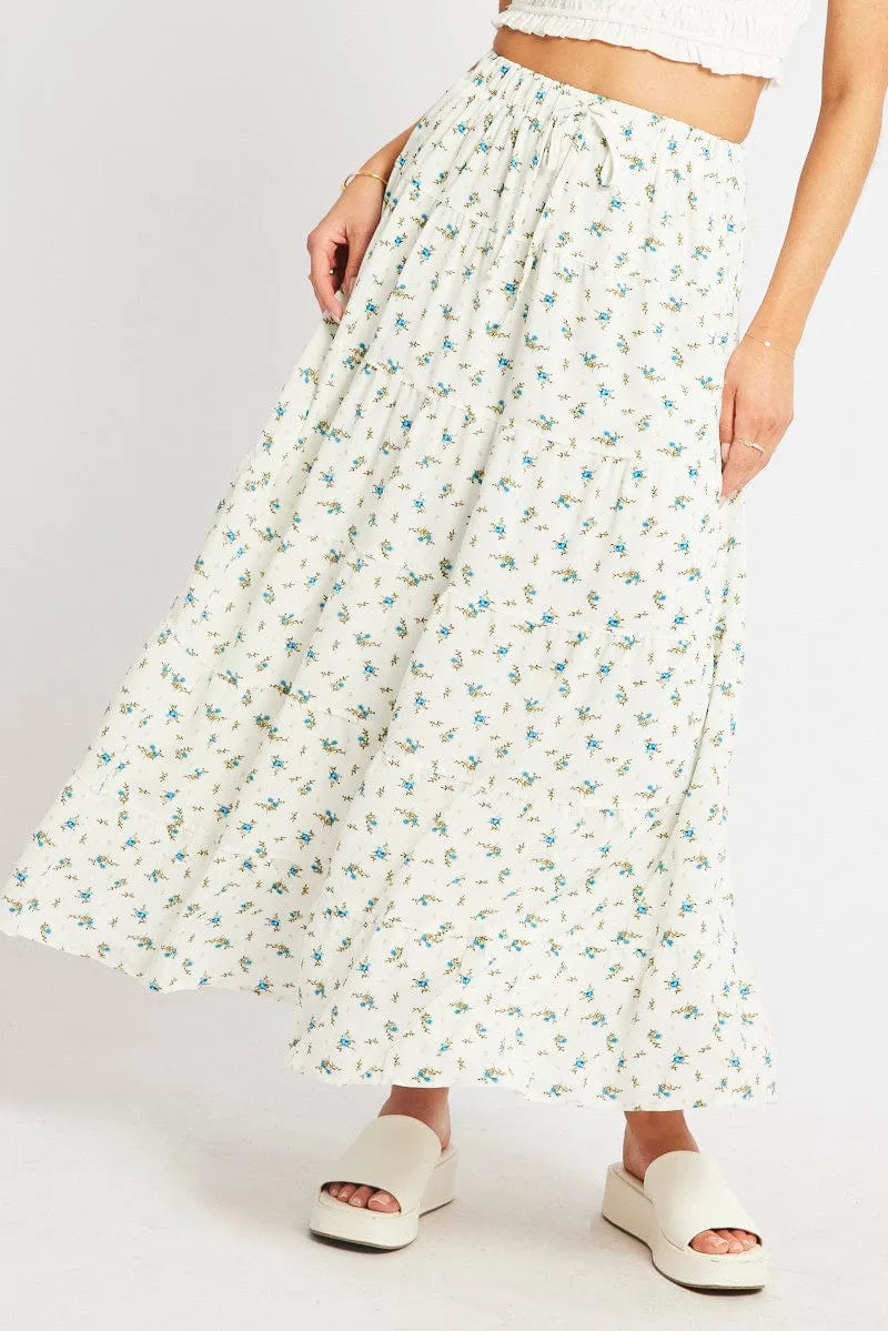 White Ditsy Maxi Skirt Tiered High Rise Lined