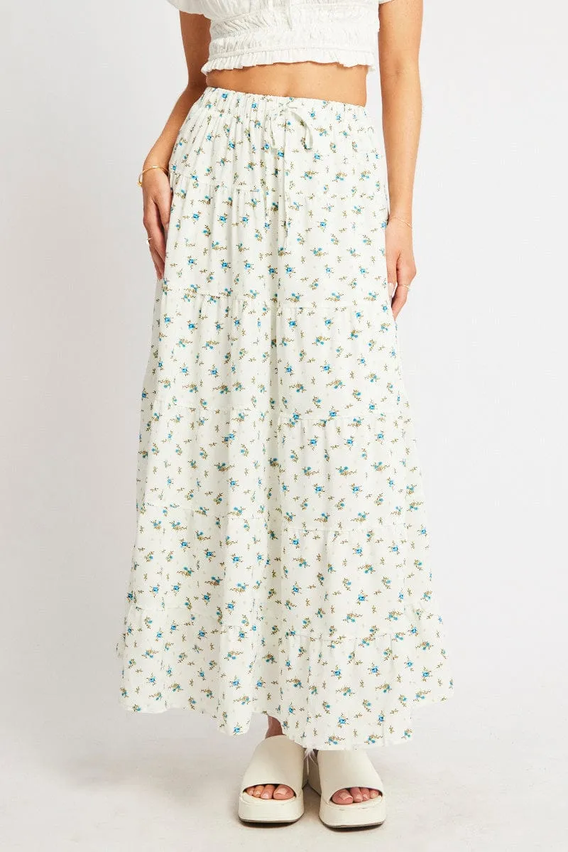White Ditsy Maxi Skirt Tiered High Rise Lined
