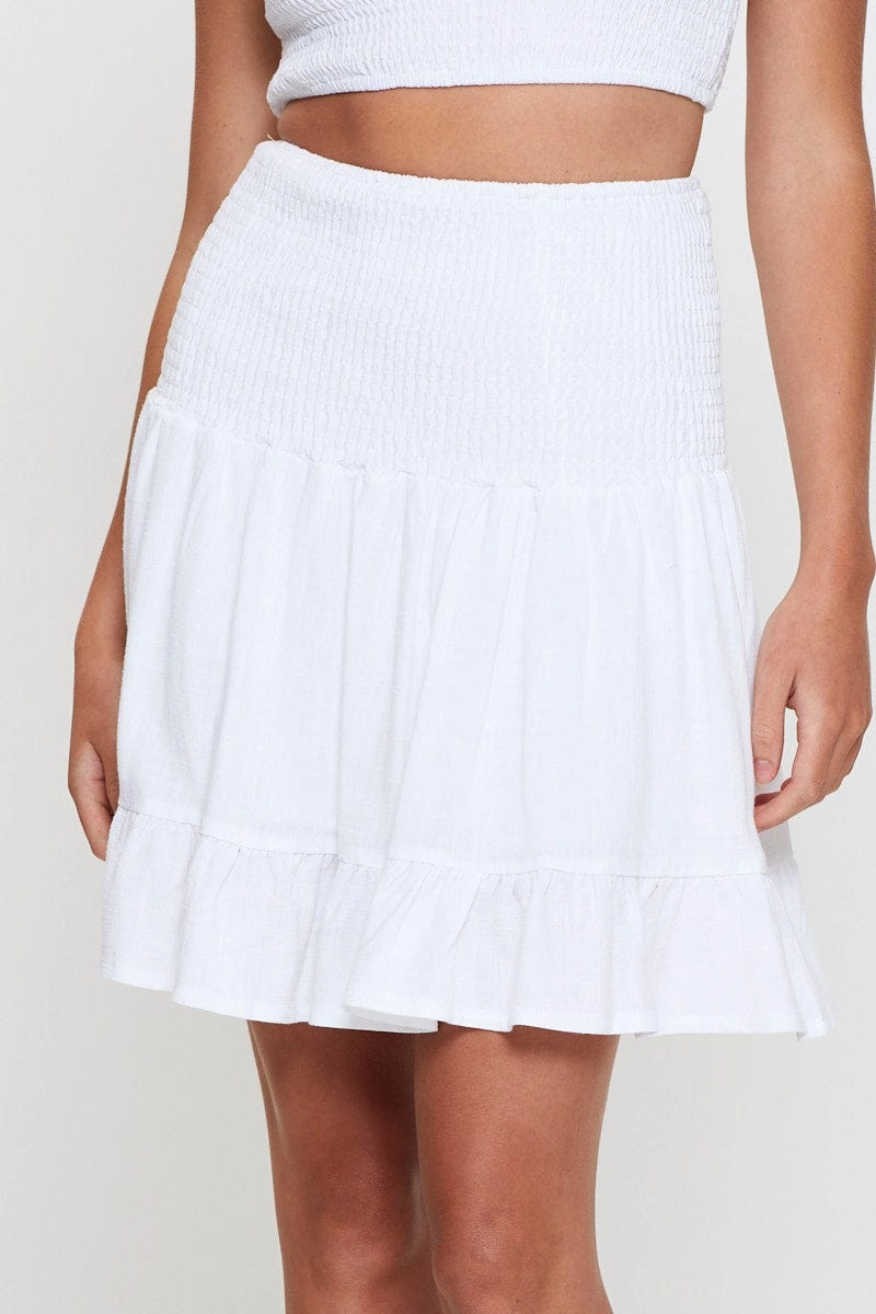 White Shirred Skater Mini Skirt