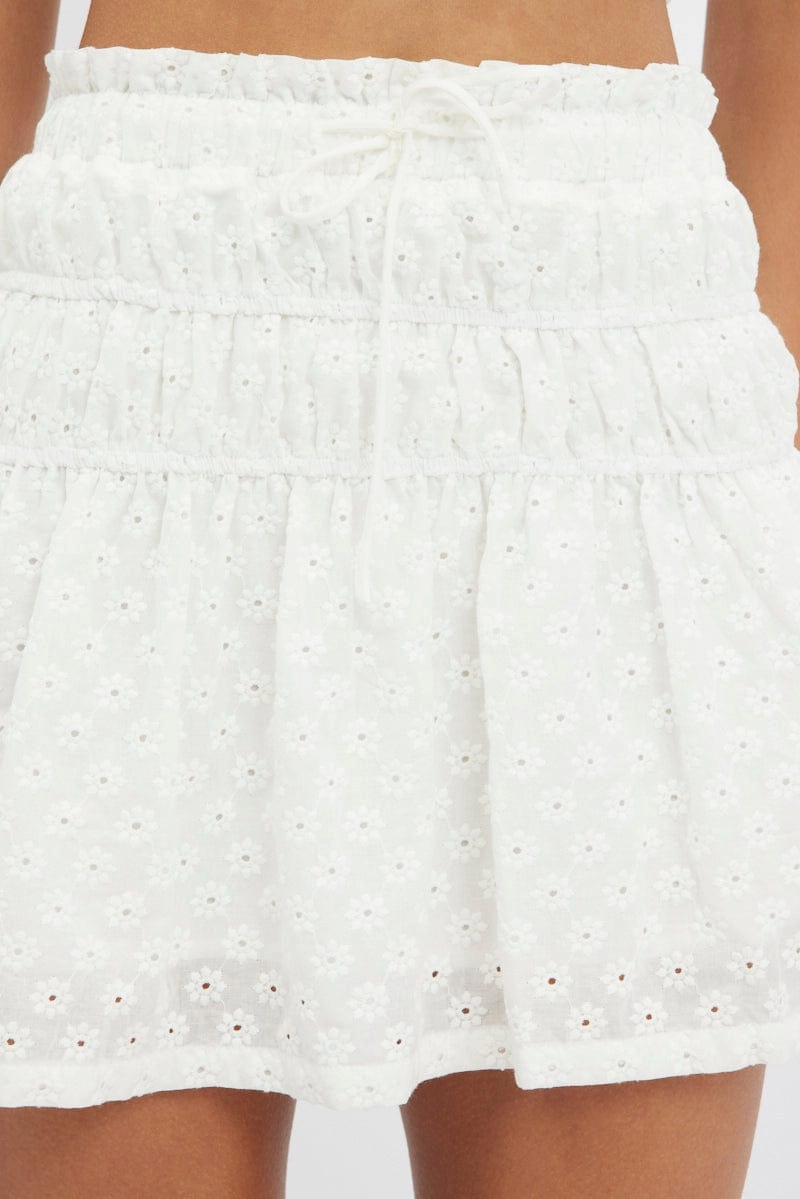 White Skater Skirt Shirred Waist Eyelet Broidery