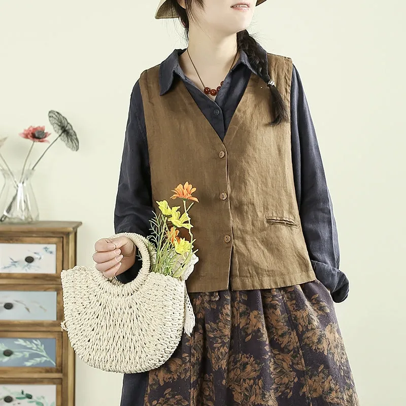 Women Spring Artistic Solid Color Linen V-Neck Vest