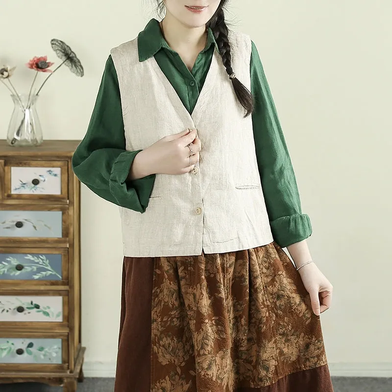 Women Spring Artistic Solid Color Linen V-Neck Vest