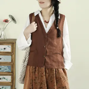 Women Spring Artistic Solid Color Linen V-Neck Vest