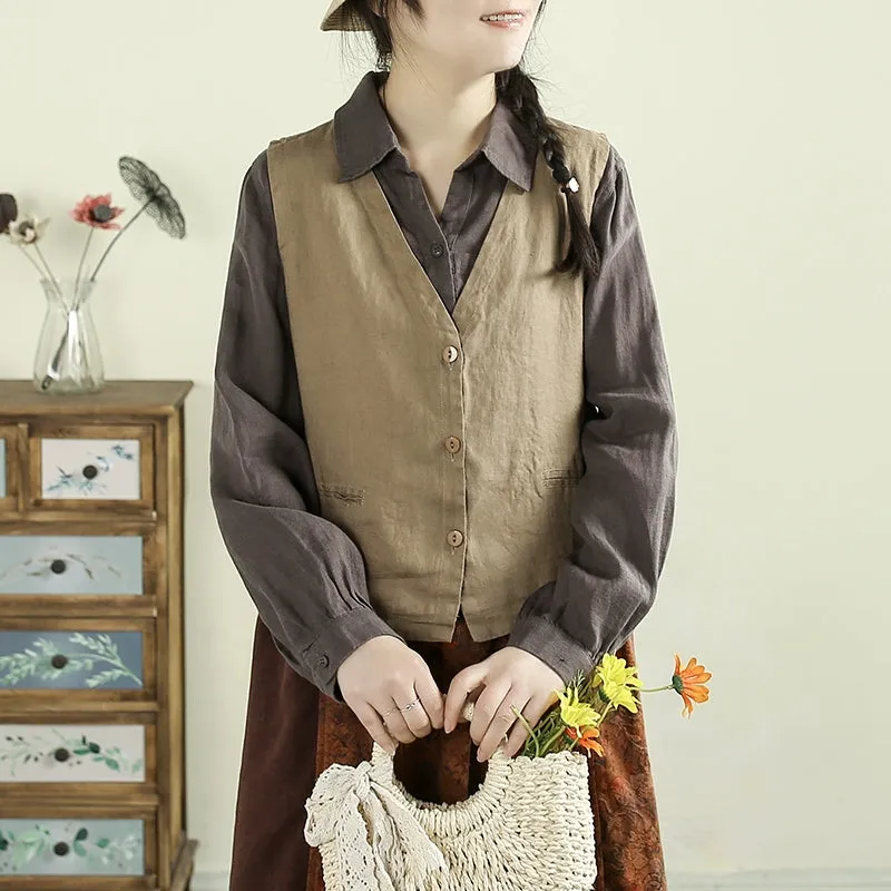 Women Spring Artistic Solid Color Linen V-Neck Vest