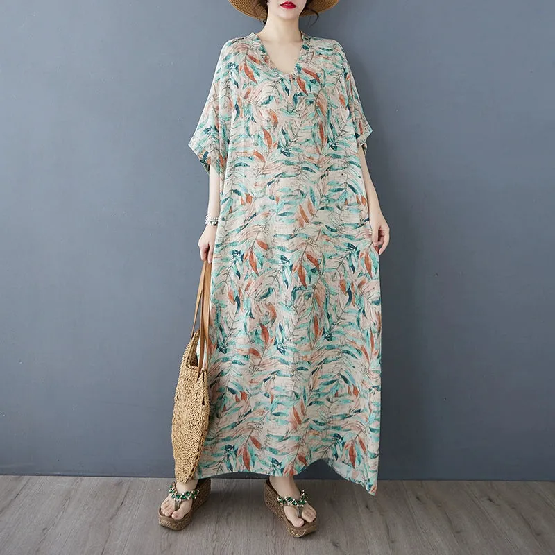 Women Spring Ethnic Cotton-Linen Printed Floral Long Maxi Dress