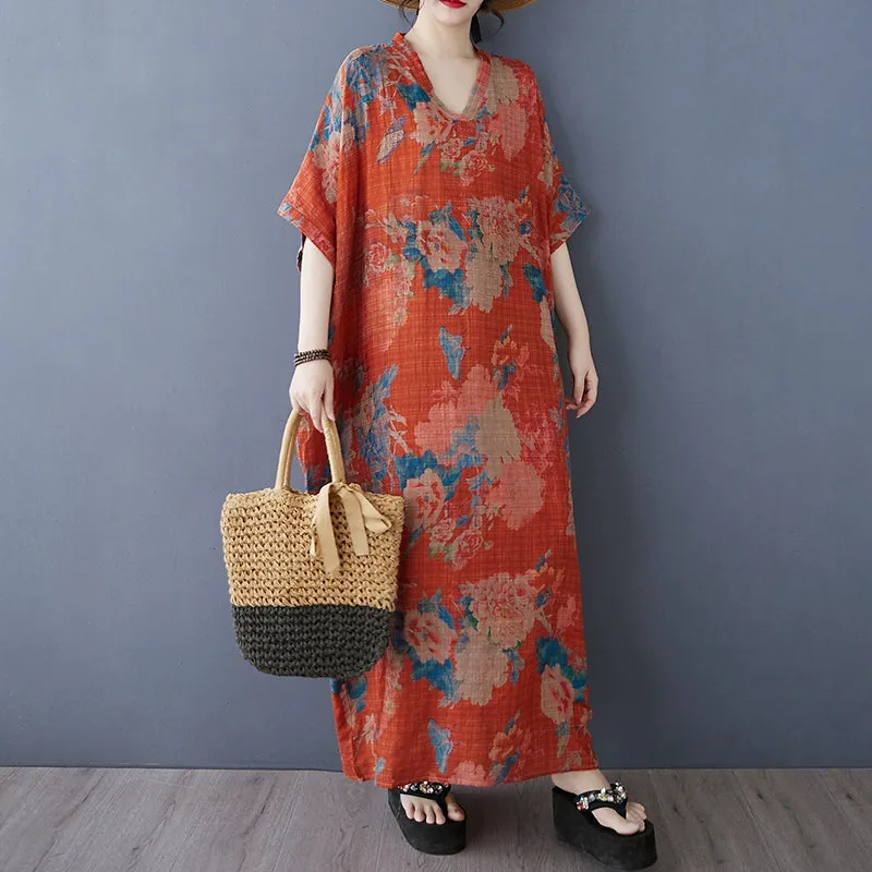 Women Spring Ethnic Cotton-Linen Printed Floral Long Maxi Dress