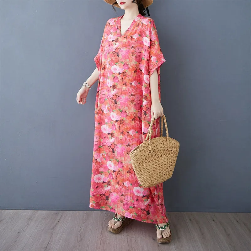 Women Spring Ethnic Cotton-Linen Printed Floral Long Maxi Dress