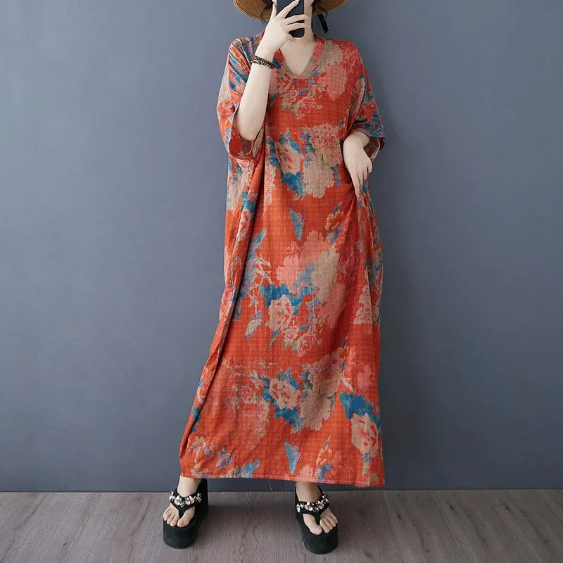 Women Spring Ethnic Cotton-Linen Printed Floral Long Maxi Dress