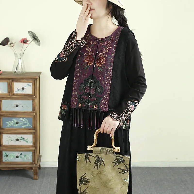 Women Spring Ethnic Style Cotton Linen Embroidered Vest