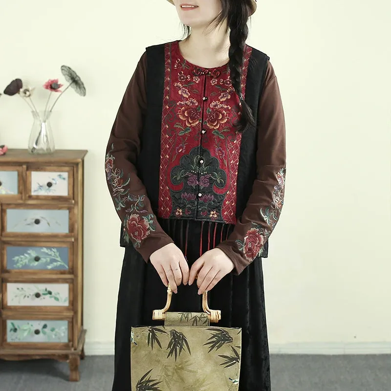 Women Spring Ethnic Style Cotton Linen Embroidered Vest