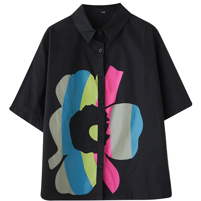 Women Spring Floral Print Colorblock Cotton Short Sleeve Shirt