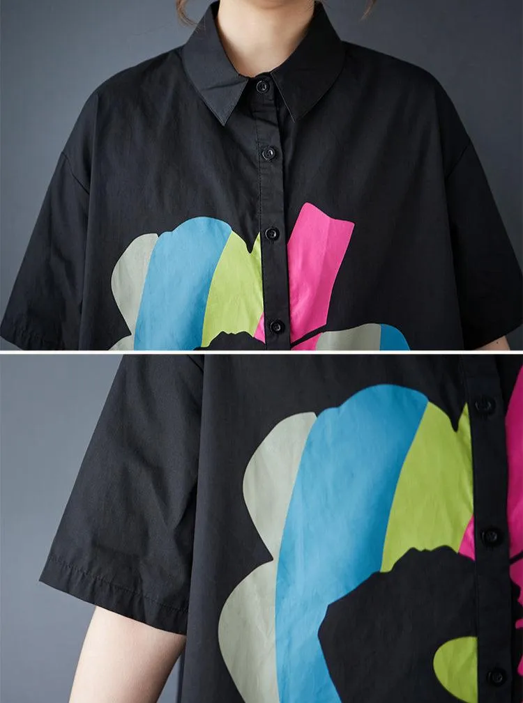 Women Spring Floral Print Colorblock Cotton Short Sleeve Shirt