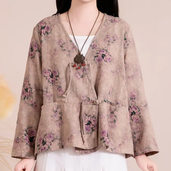 Women Spring Floral Print Cotton Long Sleeve Shirt