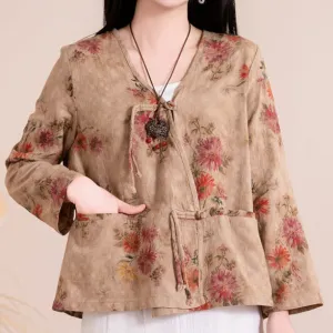 Women Spring Floral Print Cotton Long Sleeve Shirt