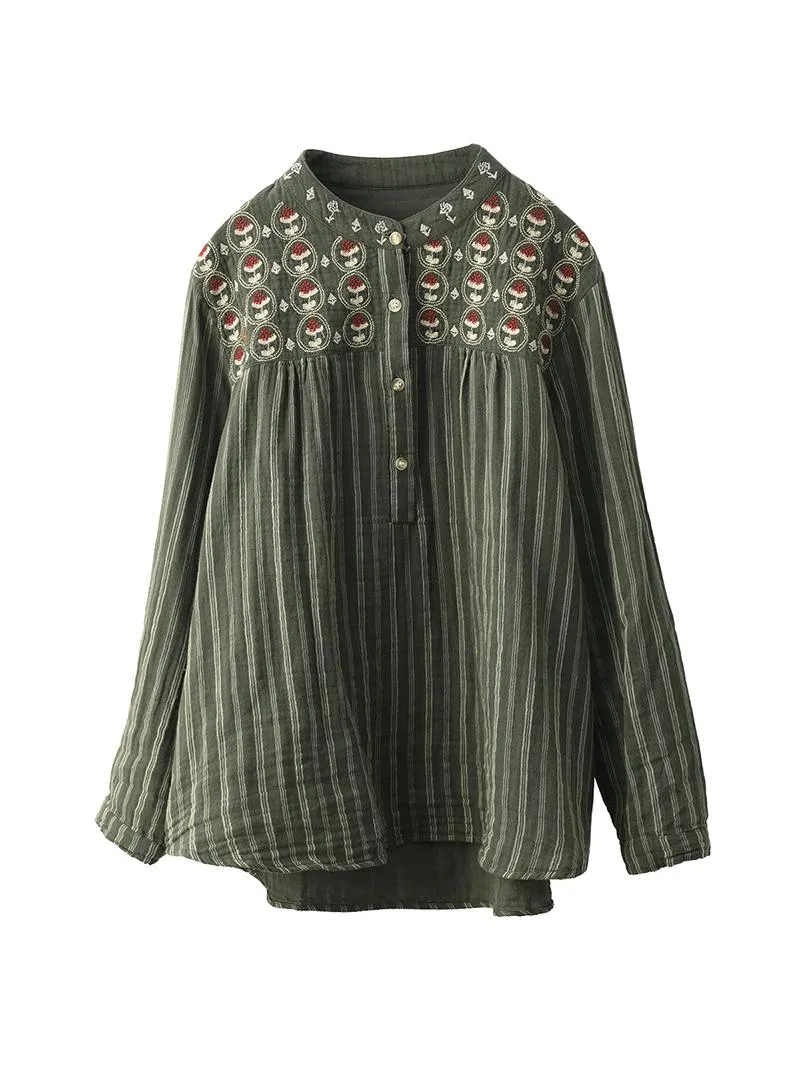 Women Spring Retro Cotton Embroidered Blouse