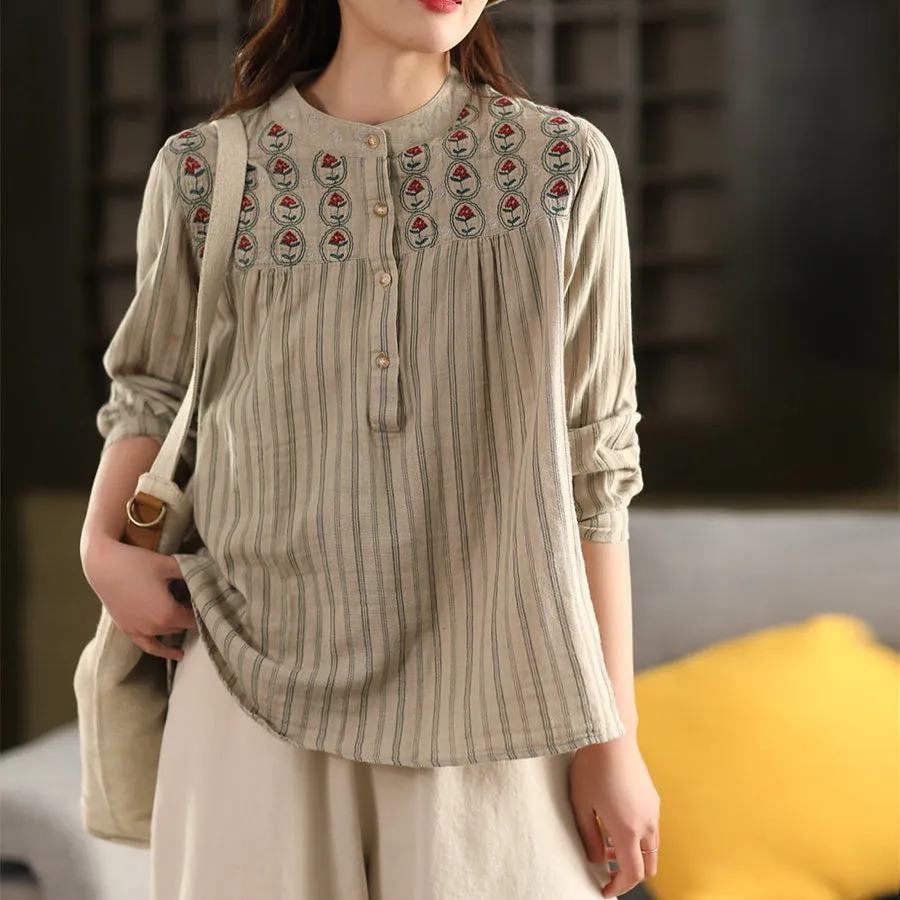 Women Spring Retro Cotton Embroidered Blouse
