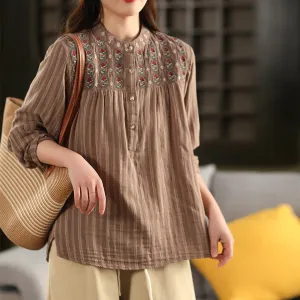 Women Spring Retro Cotton Embroidered Blouse