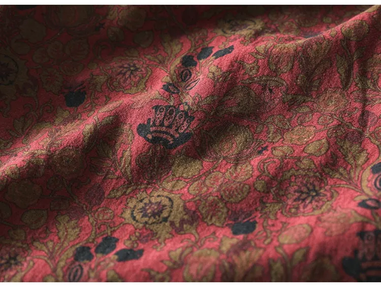 Women Spring Retro Cotton-Linen Printed Blossom Maxi Dress