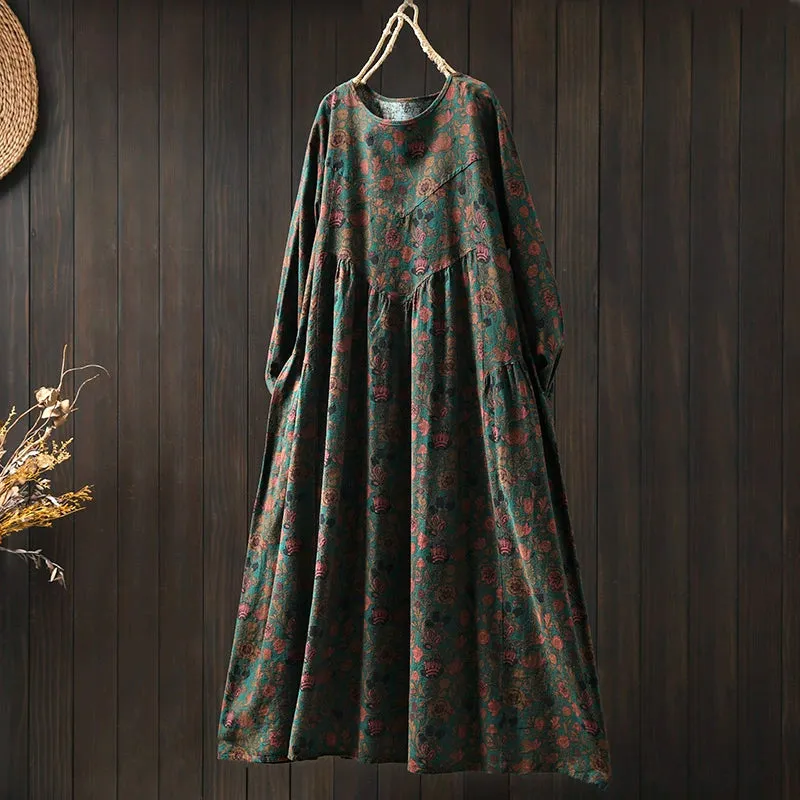 Women Spring Retro Cotton-Linen Printed Blossom Maxi Dress