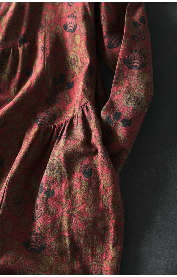 Women Spring Retro Cotton-Linen Printed Blossom Maxi Dress