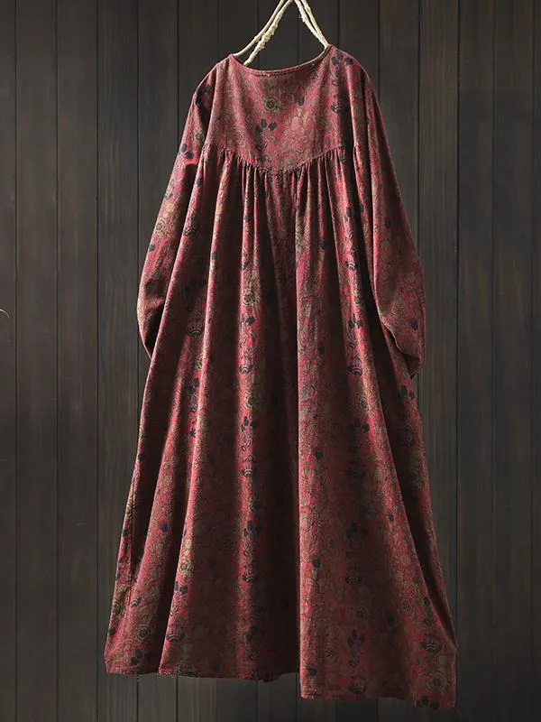 Women Spring Retro Cotton-Linen Printed Blossom Maxi Dress