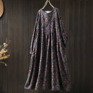 Women Spring Retro Cotton-Linen Printed Blossom Maxi Dress
