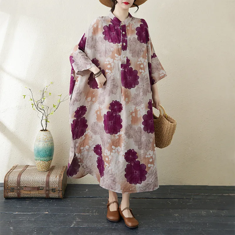 Women Spring Retro Cotton-Linen Printed Blossom Maxi Dress