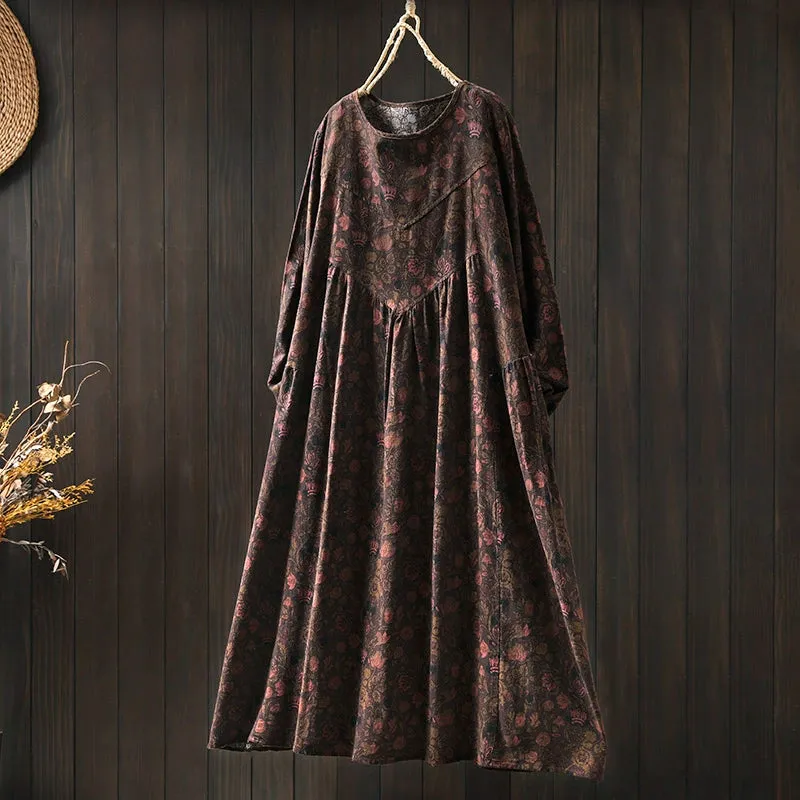 Women Spring Retro Cotton-Linen Printed Blossom Maxi Dress